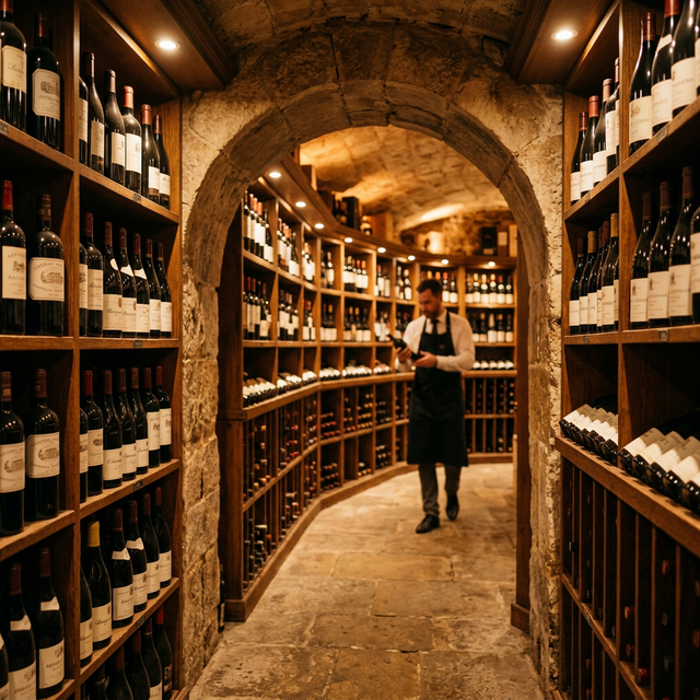 Cave à vins — casiers en bois et 200 références