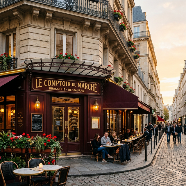 Façade de la brasserie rue de Bretagne, enseigne dorée sur fond bordeaux