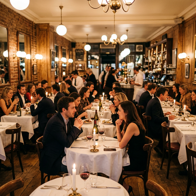 La salle du restaurant en plein service du soir, nappes blanches et bougies