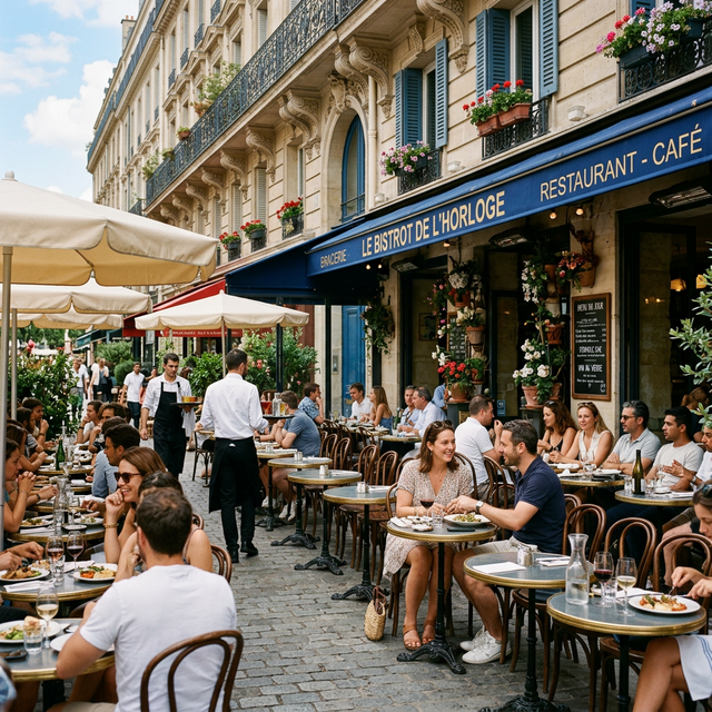 La terrasse estivale, tables bistrot sur pavés parisiens