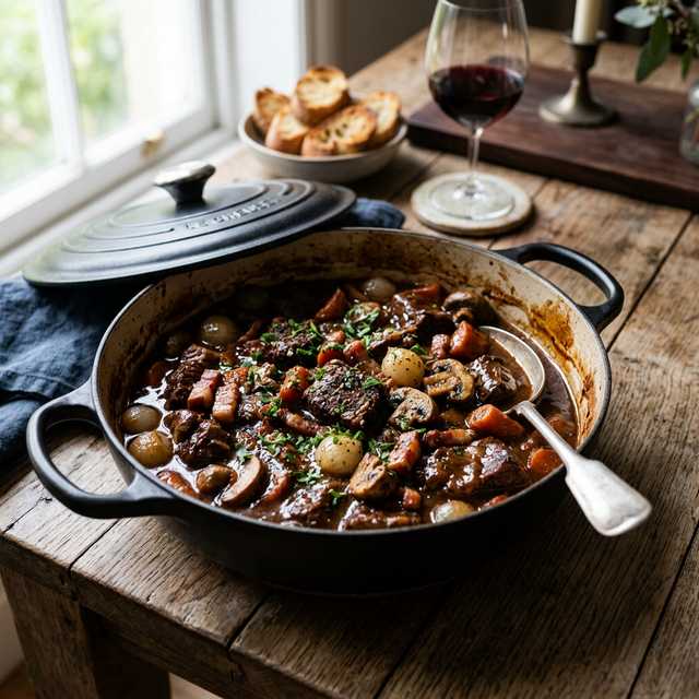 Bœuf bourguignon de Jean-Baptiste dans sa cocotte en fonte