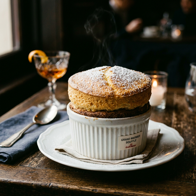 Soufflé au Grand Marnier qui dépasse de son ramequin, légèrement doré